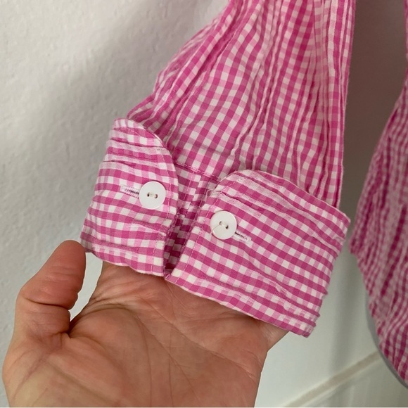 Foxcroft Fitted Gingham Pleated Crinkle Button Up Shirt Women’s 4 Pink Collared - Picture 9 of 16